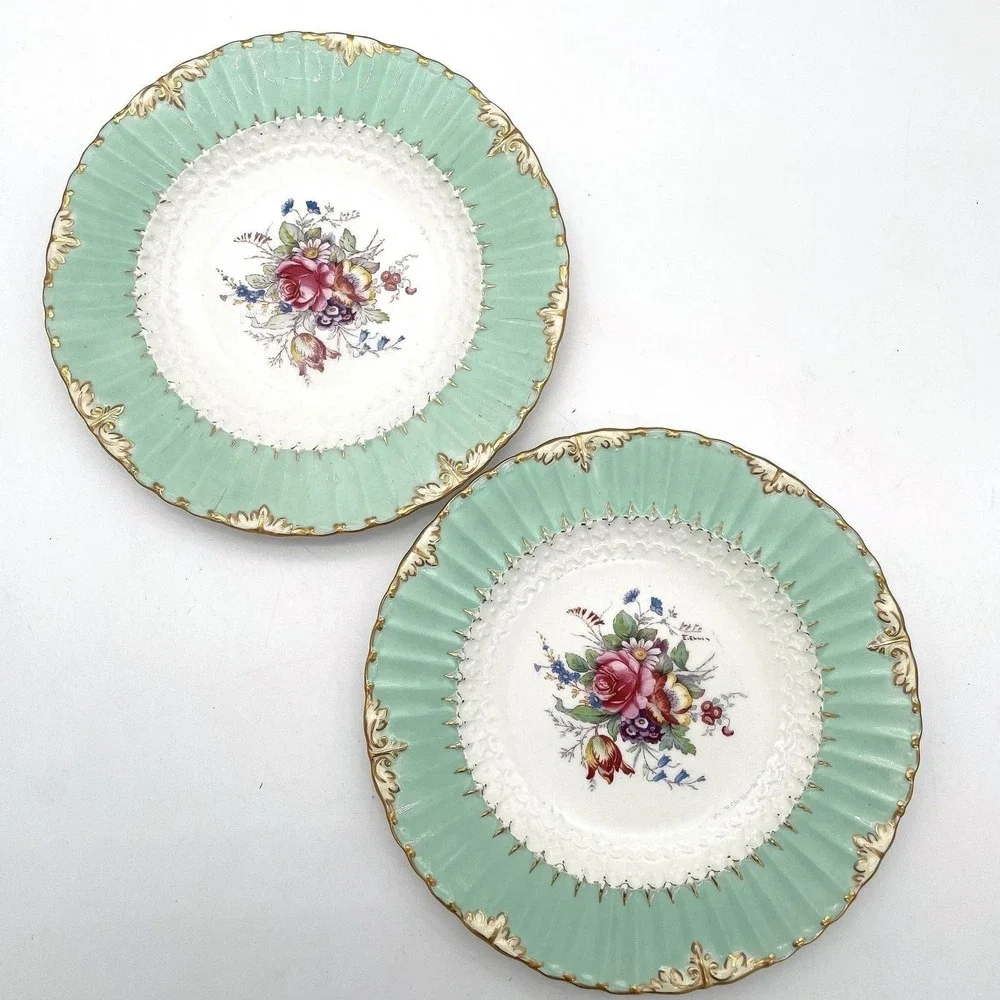 Royal Crown Derby E. Ellis Hand Painted Floral Cabinet Plates Set 2 Green Gilt
